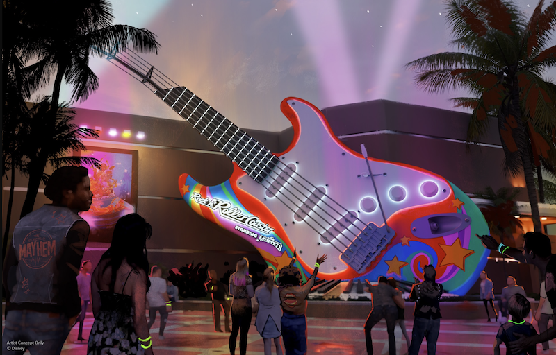 Vibrant new Rock ’n’ Roller Coaster guitar marquee featuring The Electric Mayhem design at Disney’s Hollywood Studios entrance.