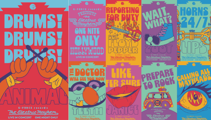 Colorful concert-style posters featuring The Electric Mayhem band members promoting Rock ’n’ Roller Coaster Starring The Muppets at Disney’s Hollywood Studios.