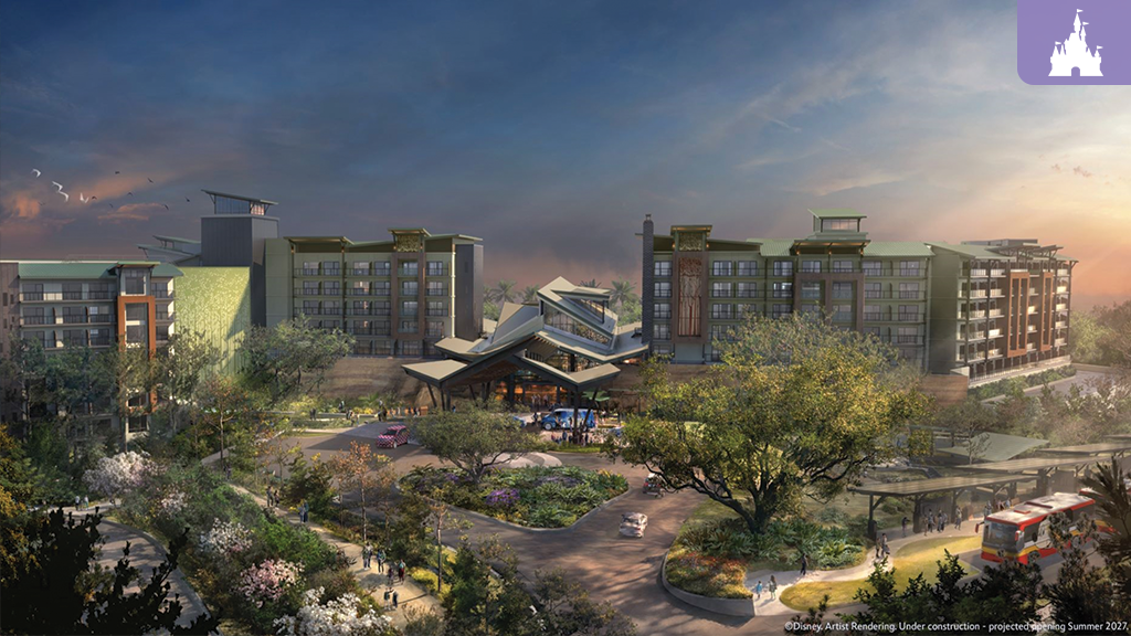 Disney Lakeshore Lodge artist rendering at Walt Disney World featuring a nature-inspired resort entrance surrounded by lush landscaping and Bay Lake views.