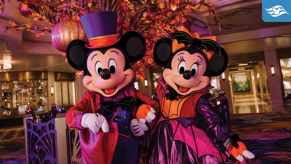 Mickey and Minnie Mouse in Halloween costumes aboard a Disney Cruise Line ship decorated for Halloween on the High Seas.