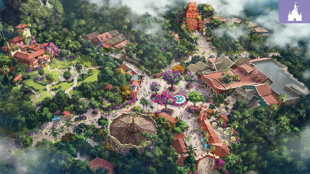 Aerial concept art of Tropical Americas at Disney's Animal Kingdom, featuring Pueblo Esperanza's colorful plaza, lush rainforest, and a towering Maya temple.