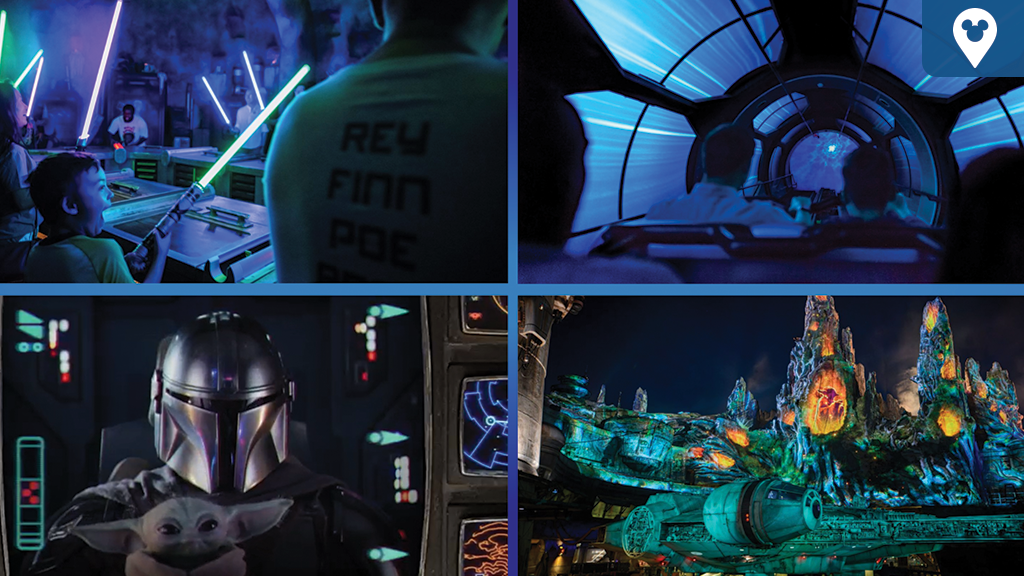 Star Wars experiences at Disney Parks: lightsaber building, Millennium Falcon cockpit, the Mandalorian and Grogu, and Galaxy's Edge at night