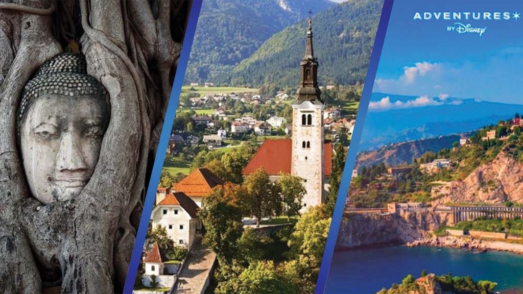 Adventures by Disney 2027 trips featuring a Buddha statue in tree roots in Thailand, Lake Bled in Slovenia, and the Amalfi Coast in Italy