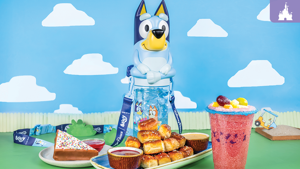 Bluey-themed food and drinks at Disney's Animal Kingdom, including fairy bread cake, mini pretzels, berry lemonade, and a Bluey sipper cup.