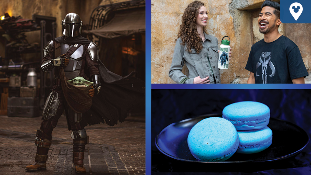The Mandalorian holding Grogu alongside Star Wars-themed merchandise and blue macarons available at Disney Parks