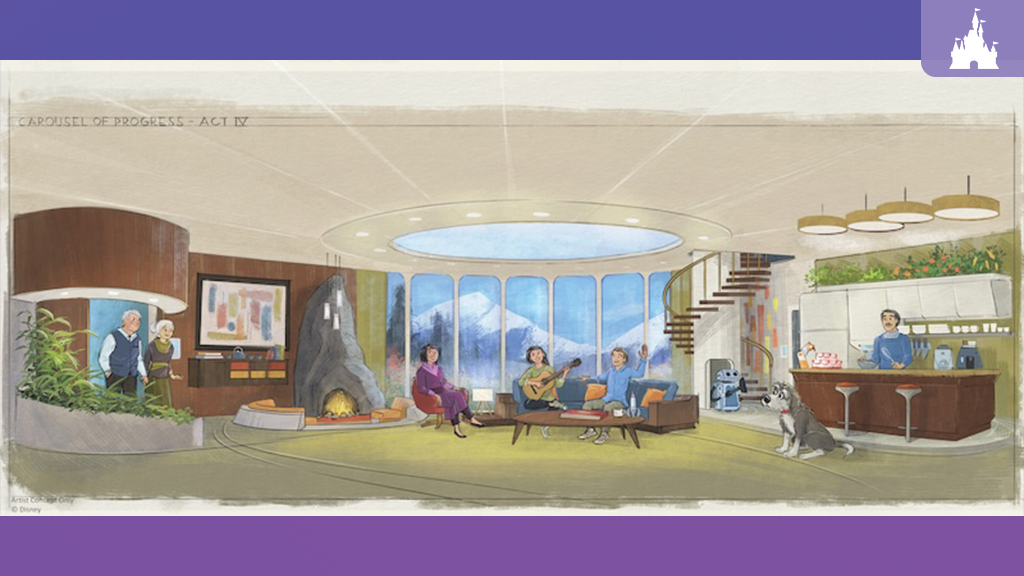Concept art for Carousel of Progress Act IV showing an animated family gathered in a futuristic off-planet home with panoramic mountain views and a small robot.