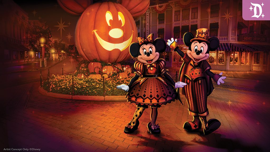 Mickey and Minnie Mouse in Halloween costumes on Main Street U.S.A. at Disneyland, with a giant glowing Mickey pumpkin behind them.