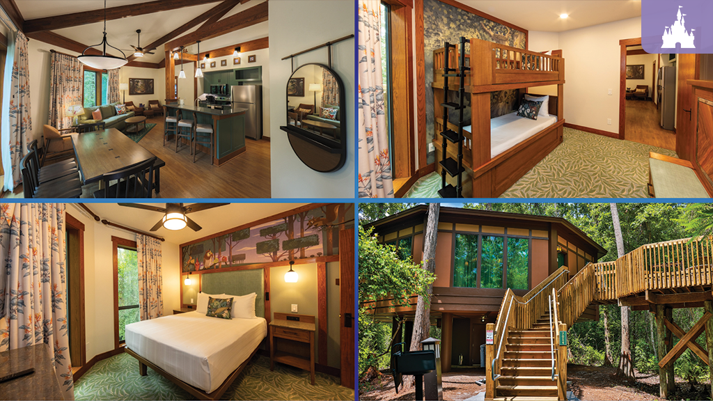 Reimagined Treehouse Villas at Disney's Saratoga Springs Resort featuring updated dining area, bunk beds, Disney mural bedroom, and wooded exterior staircase.