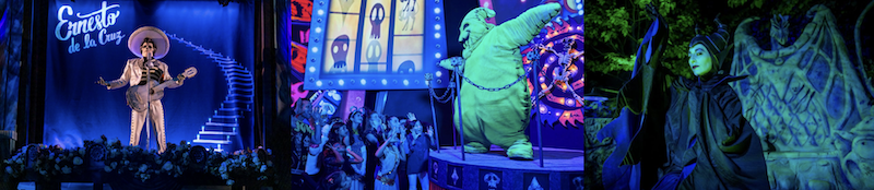 Skeleton musician plays guitar under Ernesto de la Cruz; crowd watches green ghost on skull stage; dark-winged performer lit in green and purple light