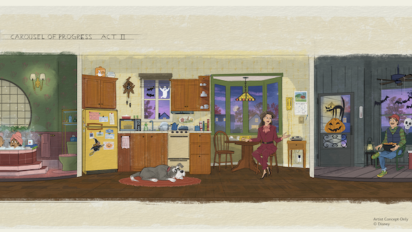 Bathroom with pink tub; kitchen with dog on floor and woman at a table beneath a bay window; porch with jack-o'-lantern and skeleton figure.