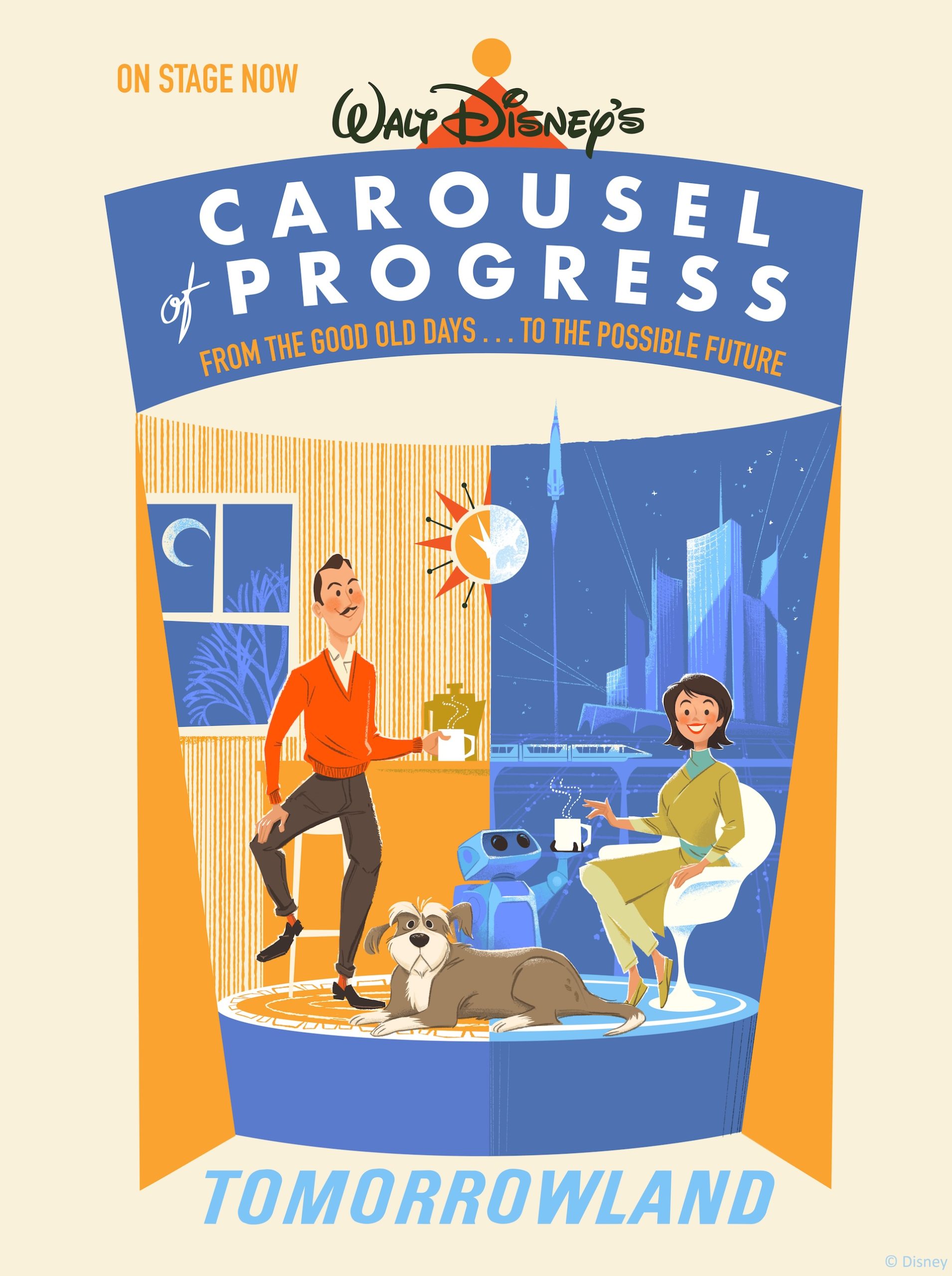 Walt Disney’s Carousel of Progress shows a 1950s man holding a coffee mug in a living room on left, a dog in center, a woman with a robot and city skyline on right.