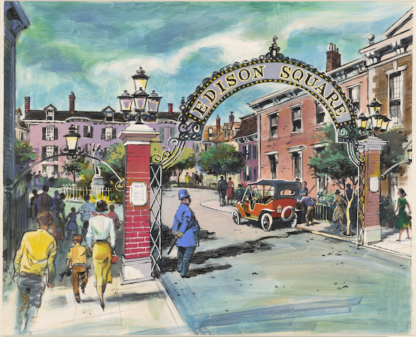 Entrance gate reading Edison Square over street with pedestrians, vintage car, lampposts and brick buildings under blue sky.