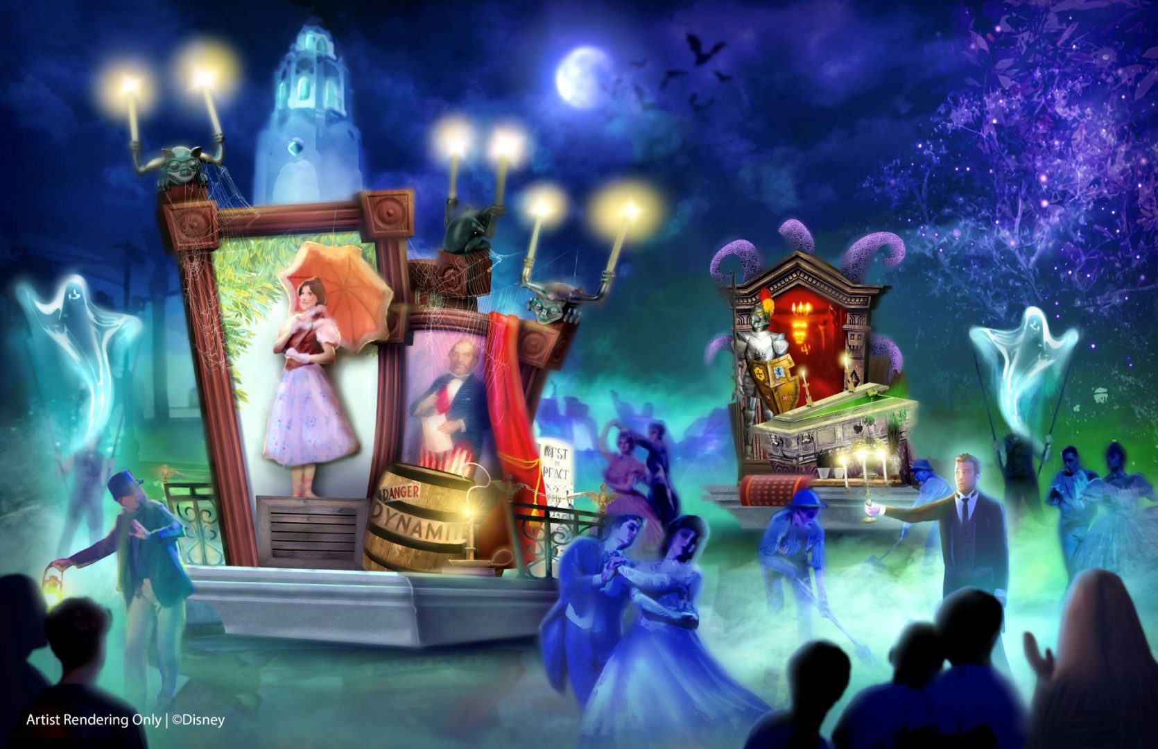 Misty nighttime river with floating rafts carrying a Victorian portrait, dynamite barrel, knight armor, glowing candles and ghostly figures