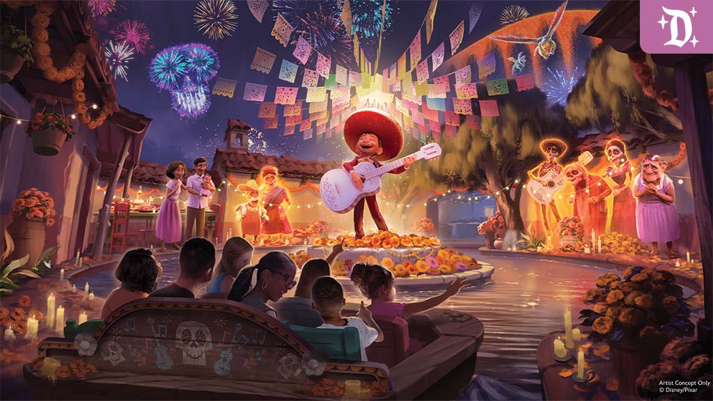 People on a boat ride pass a candlelit courtyard with marigold petals, papel picado banners and glowing skeleton musicians under fireworks
