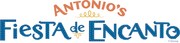 Stylized logo reading Antonio’s Fiesta de Encanto in orange script and blue decorative lettering with small ornamental flourishes