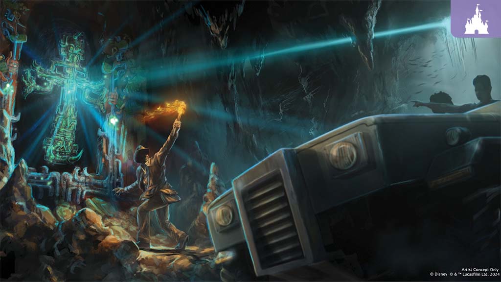Explorer holds torch toward a glowing ancient stone cross carving in a dark cave as a vehicle with two silhouettes waits nearby