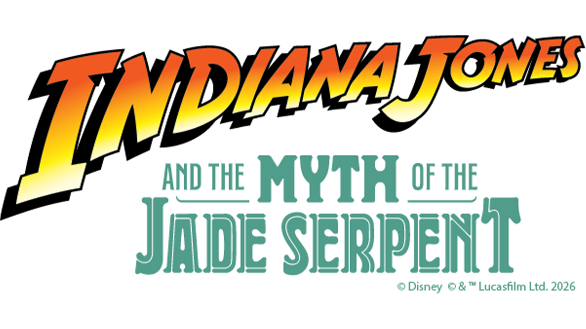 Stylized Indiana Jones logo in yellow-orange above green text reading ‘And the Myth of the Jade Serpent’, with Disney and Lucasfilm credits.