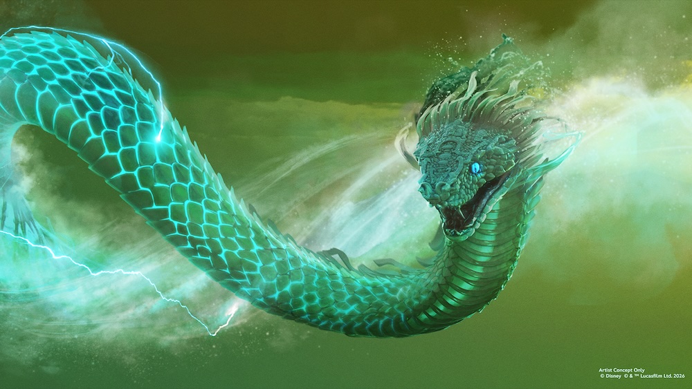 Glowing turquoise snake with open mouth and fin-like frills weaving through green mist