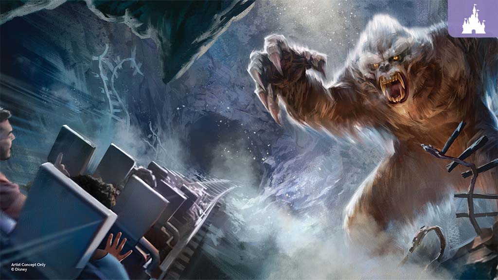 Roller coaster car with passengers racing into a dark icy cavern as a snarling, clawed, wolf-like creature lunges toward the track.