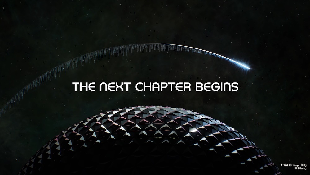 Dark faceted sphere under a glowing arc of light and the words THE NEXT CHAPTER BEGINS over a star-speckled background