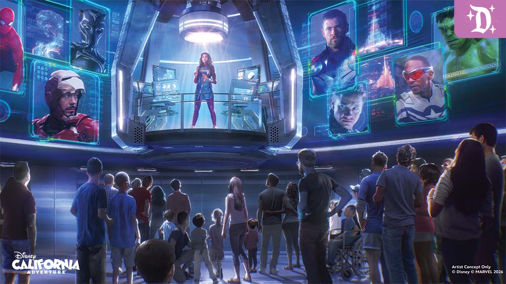Visitors watch a female superhero in a suspended pod, surrounded by holographic portraits of masked and armored heroes.