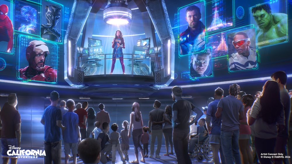 Crowd of families and children in a futuristic control room watches a woman in a suspended glass chamber as holographic screens display heroes