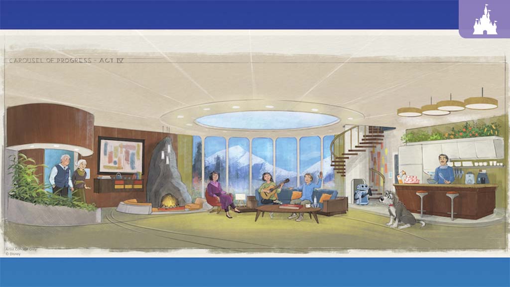 Mid-century living room with skylight and mountain-view windows, family members lounge by a spiral staircase, guitar, coffee bar, dog and robot vacuum.