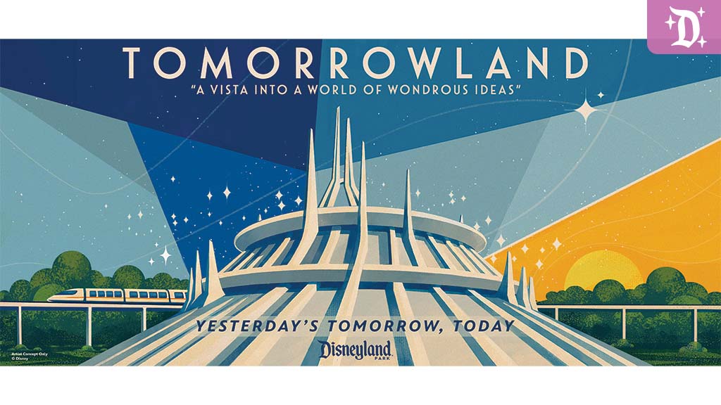 Circular futuristic building with spires beneath a starry sky blending into sunrise, monorail gliding left over trees, bold text above and below