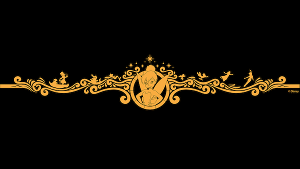 Ornate golden scroll banner featuring a central winged fairy in a circle and smaller flying fairy silhouettes along its curved flourishes.