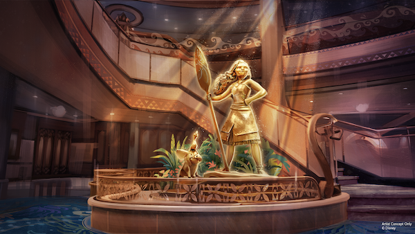 Golden statue of a woman holding an oar beside a small animal on a circular fountain base in a multi-level atrium lit by skylights.
