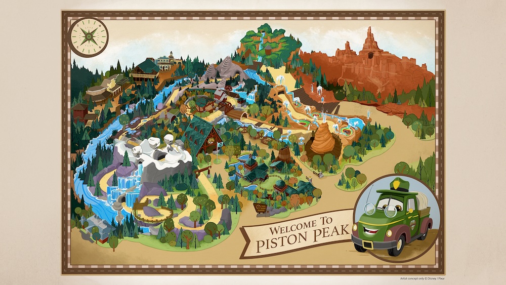 Illustrated map of a mountainous park with forests, rivers, waterfalls, trails, cabins and a smiling green cartoon car by a Welcome to Piston Peak banner