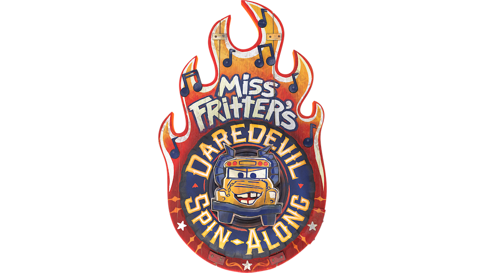 Stylized flame-shaped sign reading Miss Fritter’s Daredevil Spin-Along featuring a cartoon tow truck face and musical notes