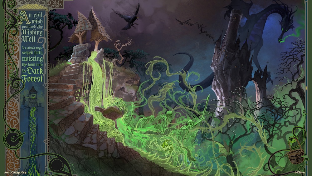 Dark ruined castle looms over twisted trees and broken stone steps as glowing green mist flows from a crumbling well under a stormy sky
