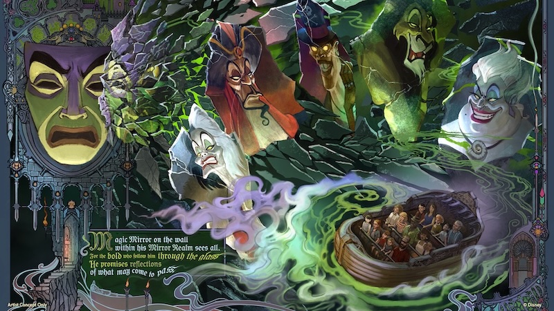 Ghostly Disney villains’ faces loom over a boat of riders drifting through swirling green mist under broken mirror shards and gothic iron framing.