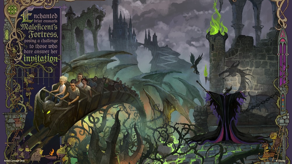 Riders in a dragon-shaped coaster car wind through twisted thorn briars toward a robed figure holding a staff beside a crumbling castle wall