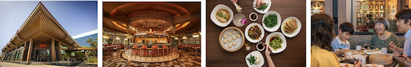 Modern restaurant exterior with sloped wooden roof and red sign, curved indoor bar, table of dumplings and buns, family eating together around table