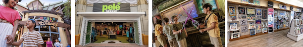 Smiling woman and boy under World of Disney sign; pelé store entrance; two visitors with lightsabers in Star Wars shop; framed art on gallery wall.