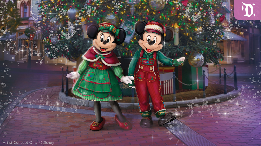 Mickey and Minnie Mouse in red and green holiday outfits holding hands in front of a decorated Christmas tree on a brick walkway with sparkling lights