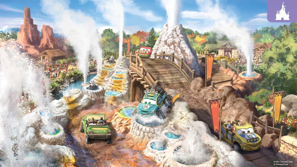 Concept art of Cars vehicles racing through geysers at Piston Peak National Park