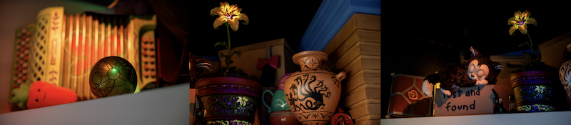Shelf holding a small accordion, glowing potted flower, decorative dragon-etched vase, a metallic sphere, and a lost and found sign with plush toy.