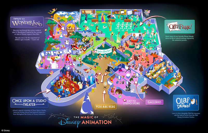 map of an animation exhibit showing zones labeled Drawn to Wonderland, Off Page!, Olaf Draws!, Once Upon a Studio Theater, and galleries.