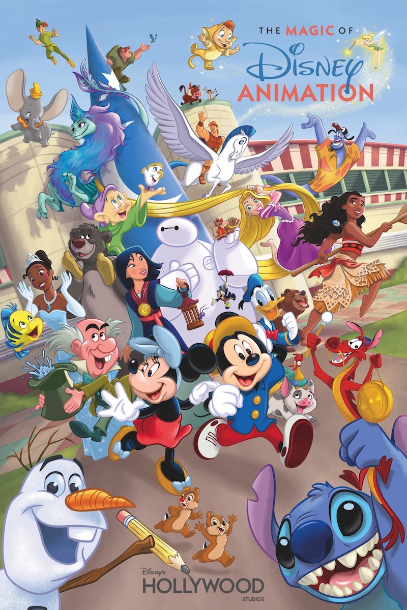 Colorful illustration of Mickey and Minnie with Disney characters Stitch, Olaf, Donald Duck, Moana and Rapunzel in front of a sorcerer’s hat