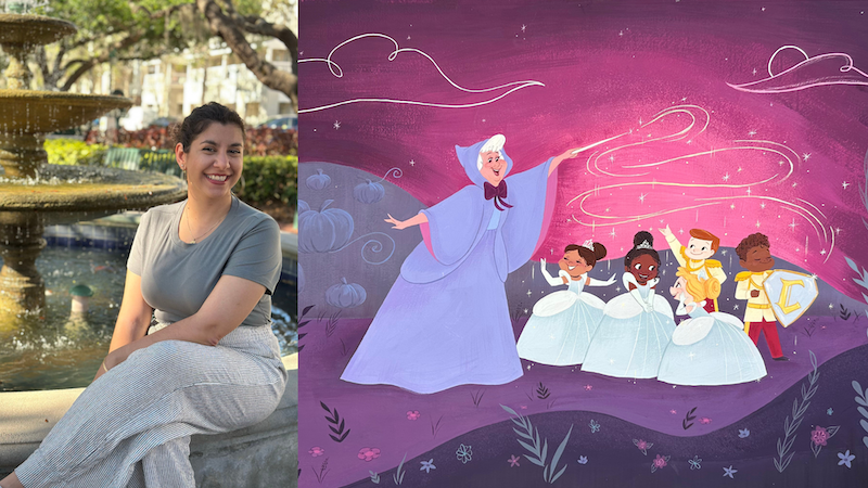 Smiling woman seated by a fountain in a park beside a cartoon fairy godmother waving a wand over three children in princess dresses and a knight