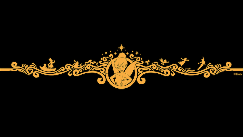 golden ornamental scroll border with a central fairy silhouette and smaller flying figure silhouettes on black background
