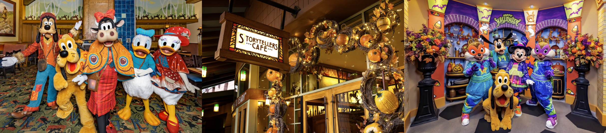 Costumed cartoon characters pose inside a cafe decorated for Halloween, with a pumpkin wreath archway and sign reading Storytellers Café