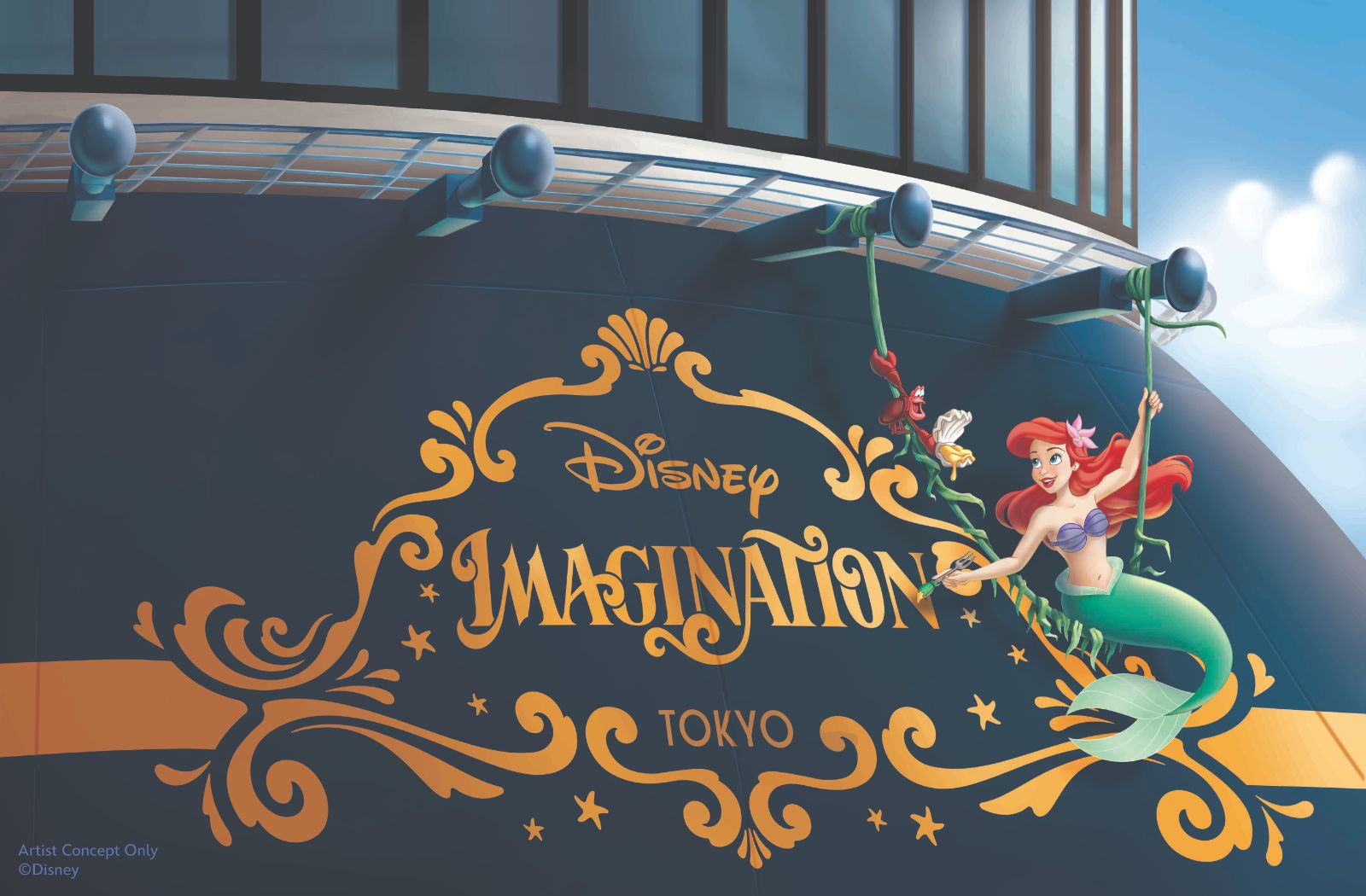 Dark blue ship hull with gold scrollwork and “Imagination” logo, a mermaid hanging from green vines painting letters while a crab and bird help.