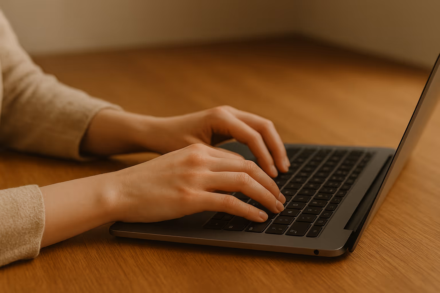 Close-up of hands typing on a slim laptop on an oak desk