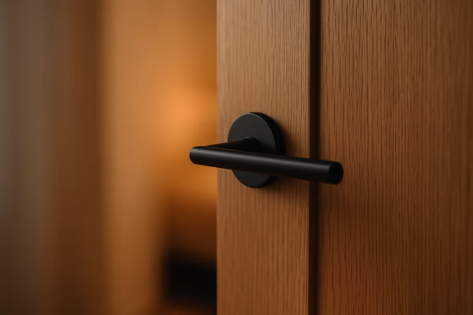 Matte-black door handle on an oak door slightly ajar