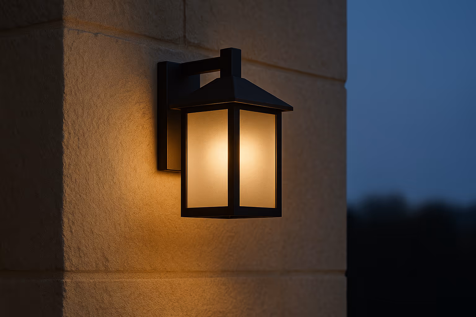 Outdoor wall lantern glowing on a stone facade 
