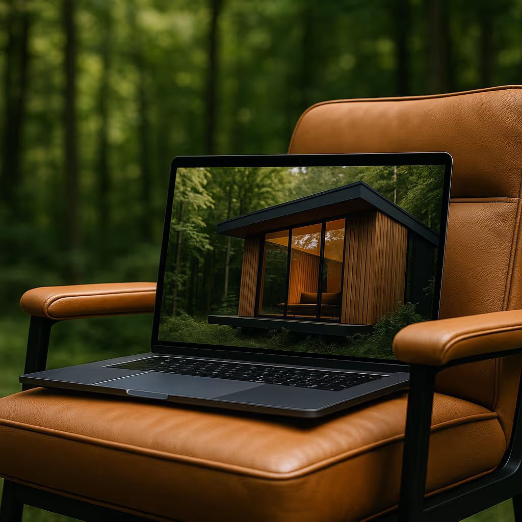 Laptop on a leather chair, screen displaying a premium cabin in the forest